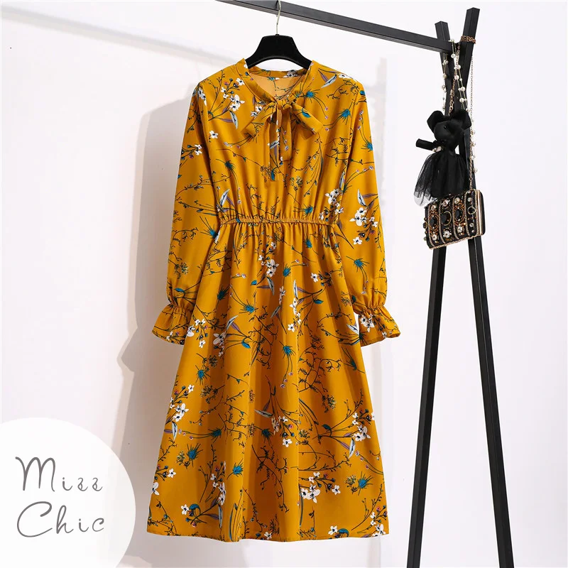 Купи Vintage Floral Print Chiffon Women Midi Dress Elegant Long Sleeve Bow A-line Boho Dress Autumn Korean Style 2022 Autumn Vestidos за 1,782 рублей в магазине AliExpress