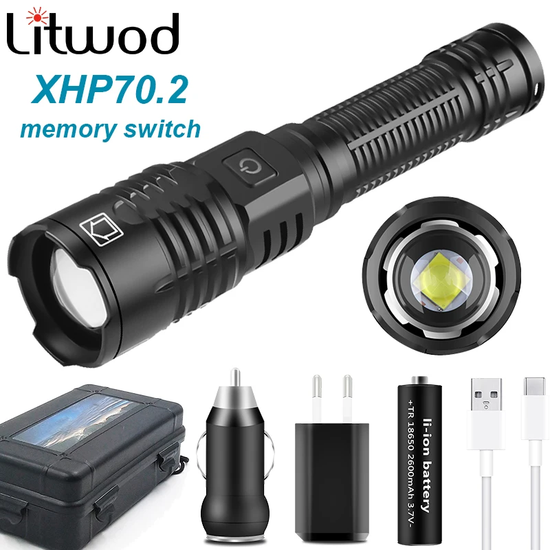 

Светодиодный фонарик Litwod XHP70.2, супер яркий фонарь с переключателем памяти, светильник фонарь из алюминиевого сплава для кемпинга и охоты, масштабируемый светильник
