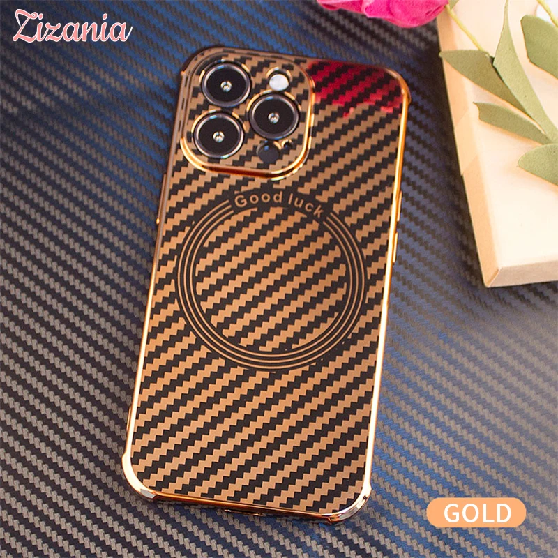 

New Fashion Carbon Fiber Wireless Charge Magnetic Mirror Phone Case For iPhone 13 12 11 Pro Max Cover Elegant Texture Neutral