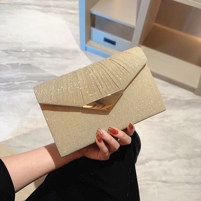 

2022 New Women Fold Evening Bags Silk Wedding Dinner Purse Mini Party Chain Shoulder Bags Gold Wallets Drop Shipping
