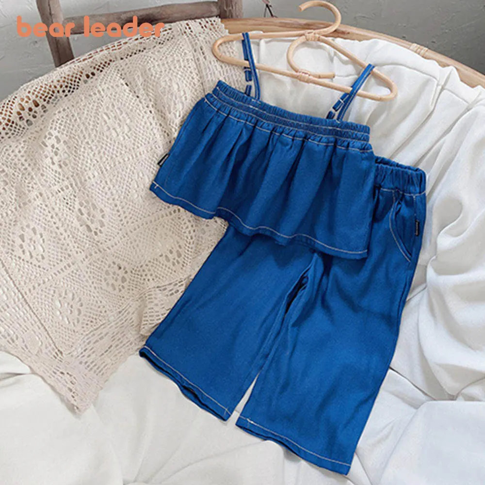 

Bear Leader Fashion Clothes Girls 2022 Summer New Girls Soild Denim Sling Top Vest + Casual Wide Leg Pants Outfits for 2-7 Years