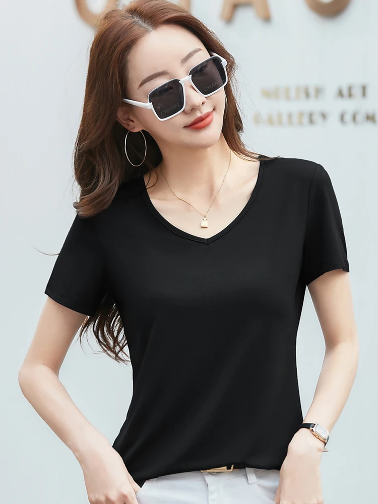 Летняя хлопковая футболка из модала с короткими рукавами женская v-образным