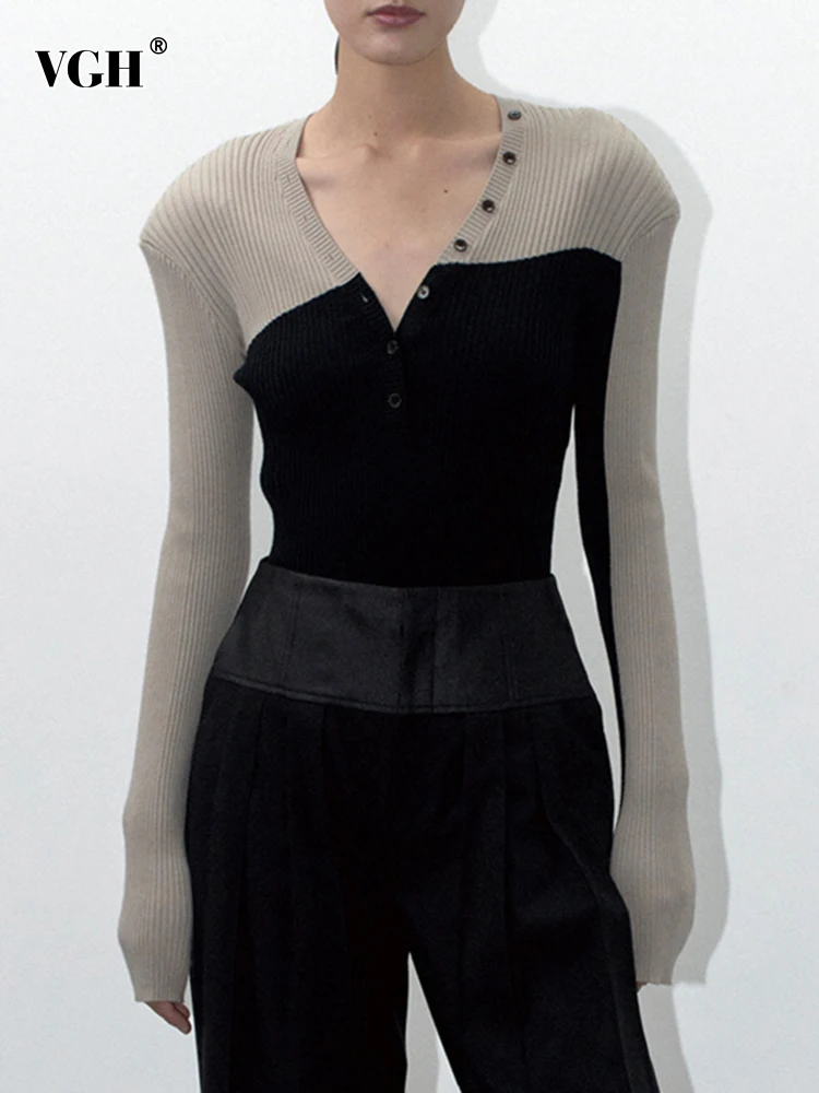 

Женский вязаный свитер VGH, однобортный облегающий кардиган составного кроя с V-образным вырезом и длинным рукавом, одежда для женщин