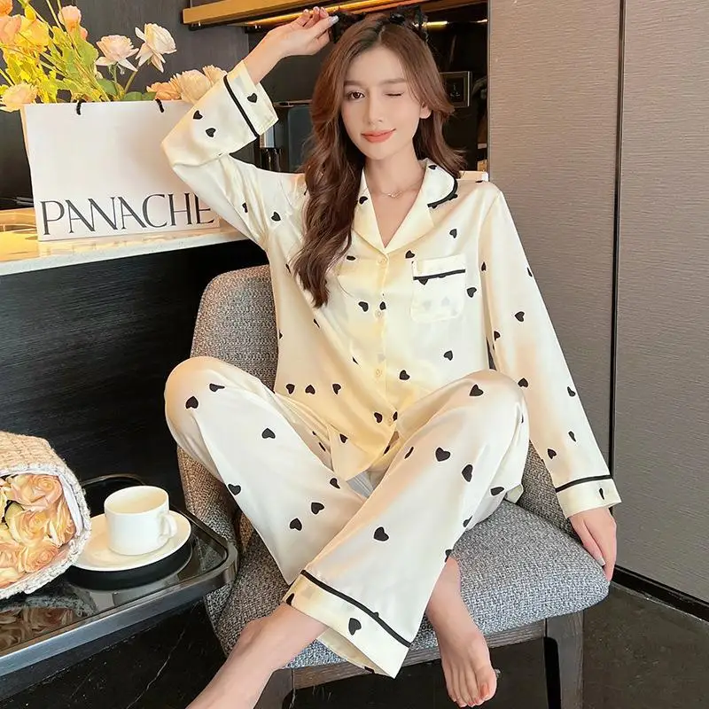 Autumn New Ice Silk Pajamas Women's Long-Sleeved Two-Piece Suit Cow's Milk Love Ins Women's Artificial Silk Home Wear Suit