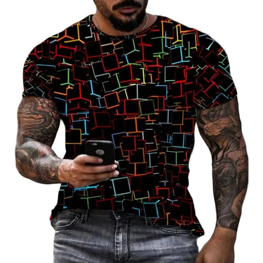 

Summer New Men's Multi-color Check Color Men's T-shirt 3d Printed Men's Fashion Casual Round Neck Top Large Size Short Sleeve