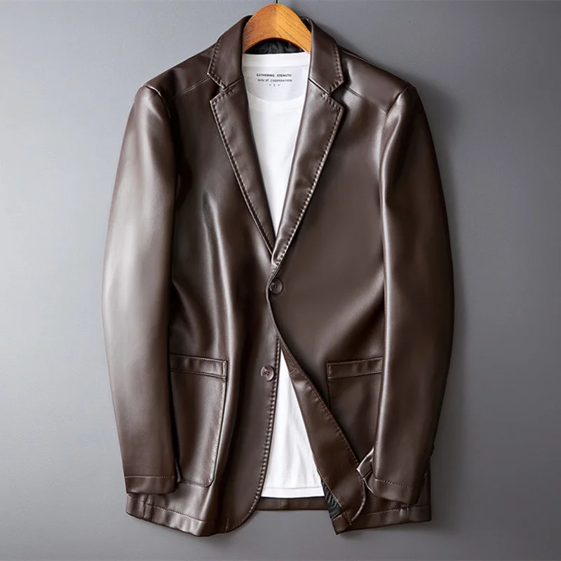 Men's Autumn and Winter Leather Jacket Long Sleeve Lapel Jacket New Business Casual Loose Size M-4XL Solid Color Faux Leather
