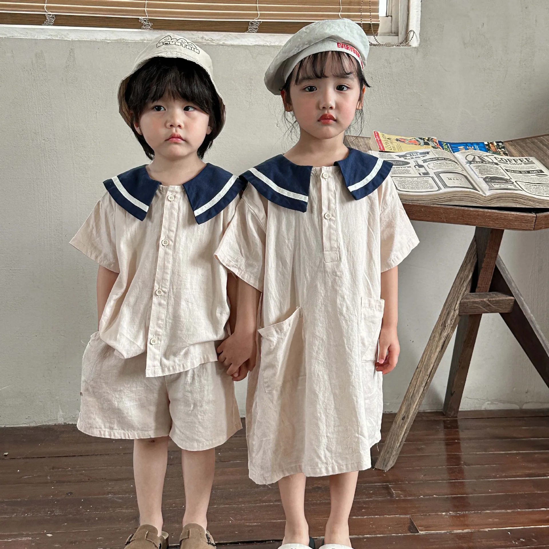 

5730C Children Clothes 2023 Summer College Style Short Sleeve Girl's Dress Or Boy's Suit Shirt+Short Brother and Sister Clothes