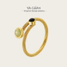 YACHAN 18K Gold Plated Stainless Steel Twisted Ring for Women Simple Adjustable Natural Stone Ring Waterproof Jewelry