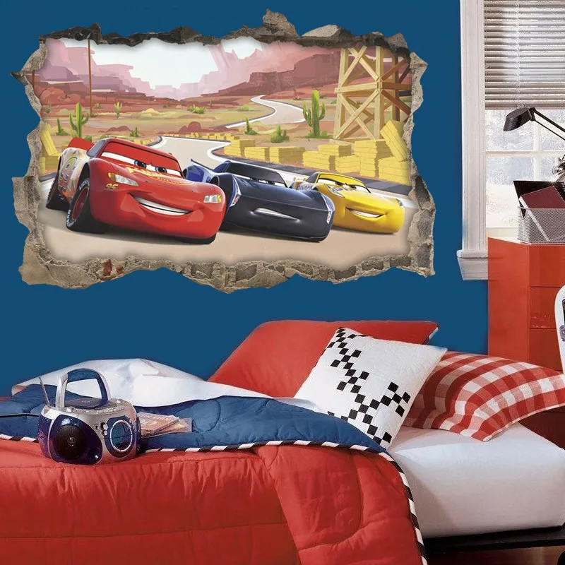 

3d disney cars through wall stickers for kids rooms home decor cartoon lightning mcqueen wall decals pvc mural art diy posters