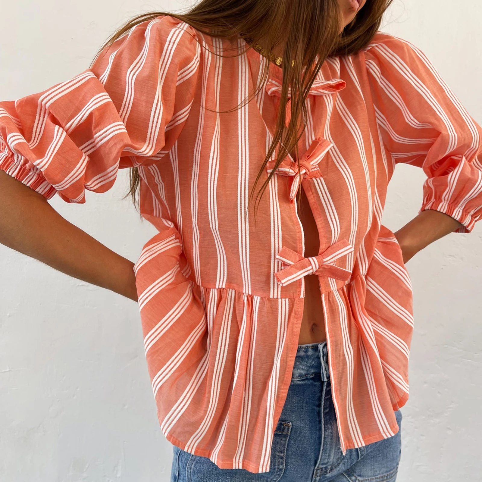 Женские рубашки Y2K с коротким рукавом буфами и баской блузка в полоску завязкой