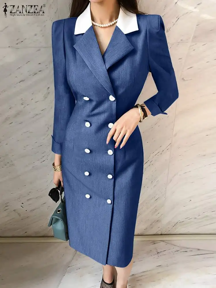 

ZANZEA Elegant Suit Dresses Women Long Sleeve Slim Fit Dress Korean Fashion Collect Waist Robes Autmun Office Patchwork Vestidos