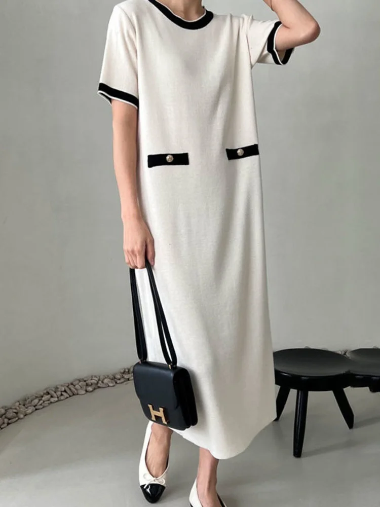

Elegant Women Contrast O-neck Sweater Dress Short Sleeve Loose Patchwork Knit Dresses 2023 Spring Summer New Vestido M630