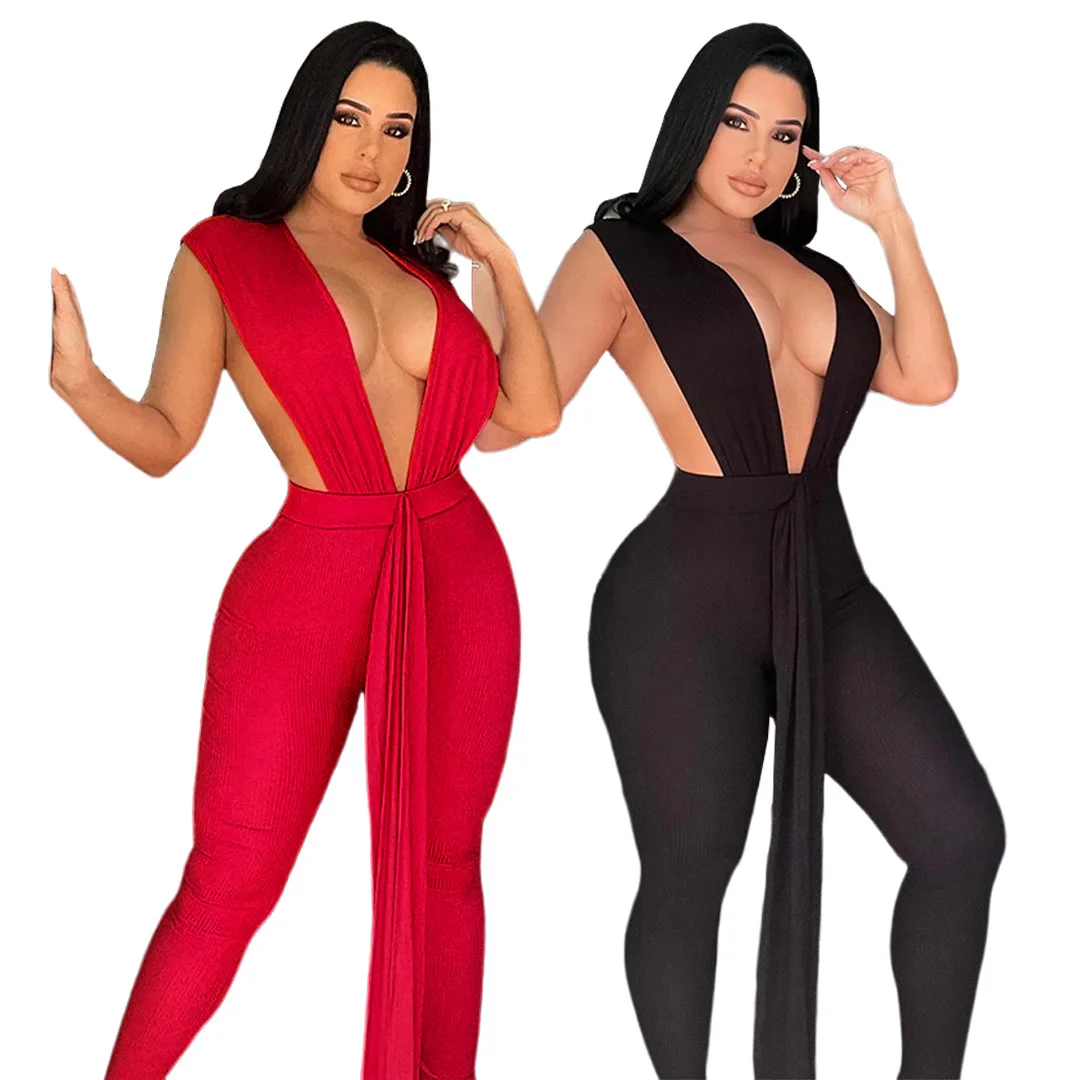 

GL6566 Ladies Jumpsuits Summer Women's Sexy Solid Color Deep V-Neck Pit Strips Cloth Strap Backless Bodysuit Women