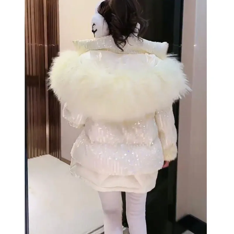 2022 New Winter Fashion Women Down Coats High Quality Large Fur Collar Hooded Parkas Sparkling Sequins White Duck Down Jacket
