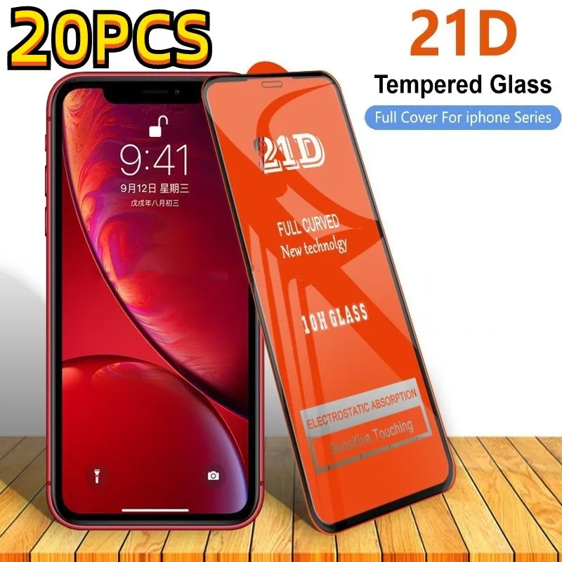 20PCS 21D Tempered Glass Full Coverage Curved Screen Protector Film For iPhone 11 12 Pro 13 14 Pro max X XR 6 7 8 plus