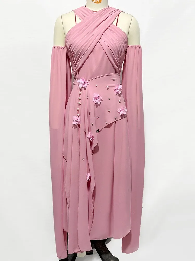 Abaya Muslim Long Dress Women Appliques Cross Halter Robes Summer New Solid Pink Elegant Sweet Dinner Party Muslim Maxi Dresses
