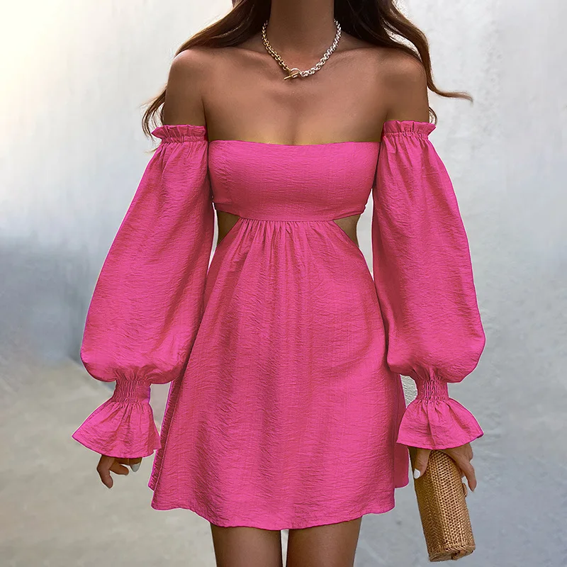 

Shoulder Lantern Sleeve Waist Hollow Out Sexy Cotton Spring Summer Dress Rose Red A-line Short Dress Robe Loose Bohemian Female