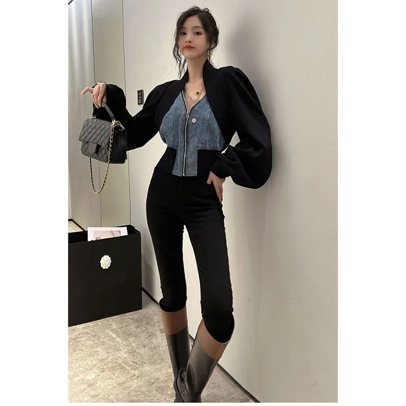 Дизайнерская нишевая черная джинсовая строчка с длинными рукавами короткое