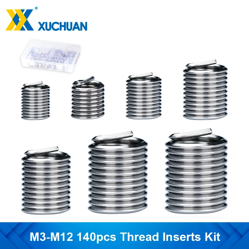 140pcs 304 Stainless Steel Thread Insert M3-M12 Inner Thread Insert Assorted Set Fasteners Hardware Screw Repair Tool