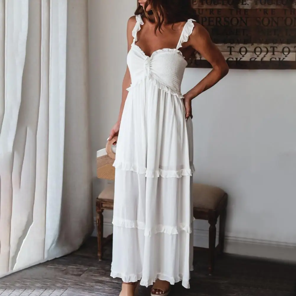 

Summer Stylish Spaghetti Straps Large Hem Dress Female Long Dress Backless for Travel