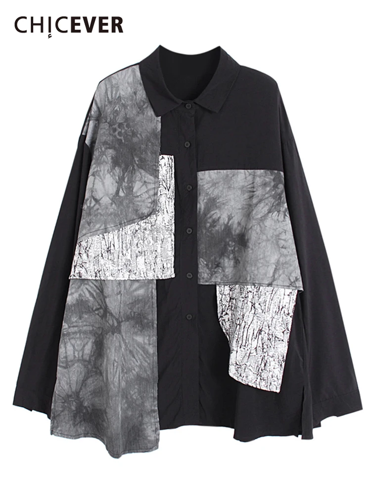

CHICEVER Casual Patchwork Print Shirt For Women Lapel Long Sleeve Colorblock Blouses Female Spring Clothing Fashion 2022 Style