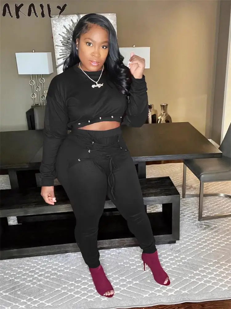 

Akaily осенний Черный бандажный комплект из 2 предметов женская повседневная одежда 2-22 Топ с длинным рукавом и брюки комплекты дамские уличные подходящие комплекты
