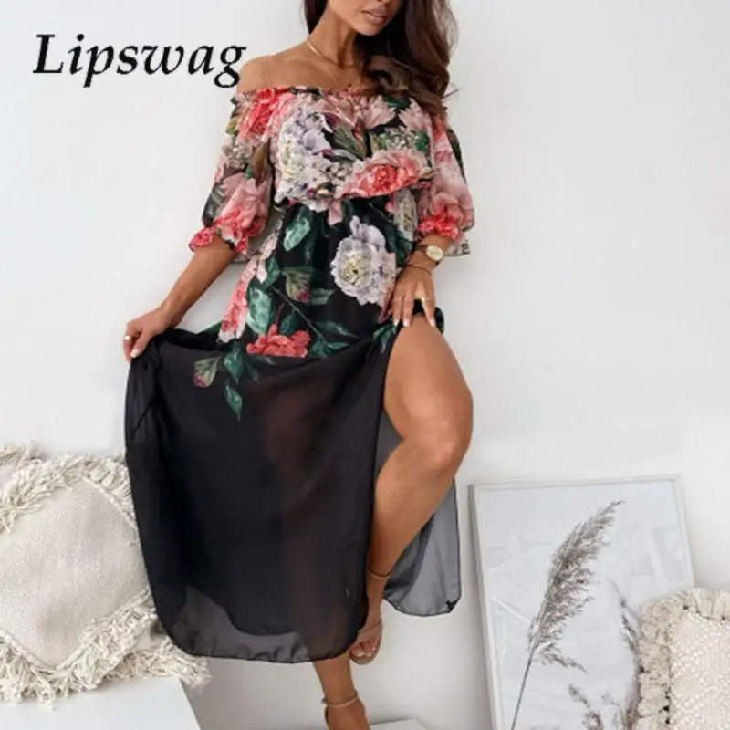 

Модное женское платье с рисунком, элегантное пляжное платье с рукавом до локтя, офисное женское летнее повседневное длинное платье с высоко...