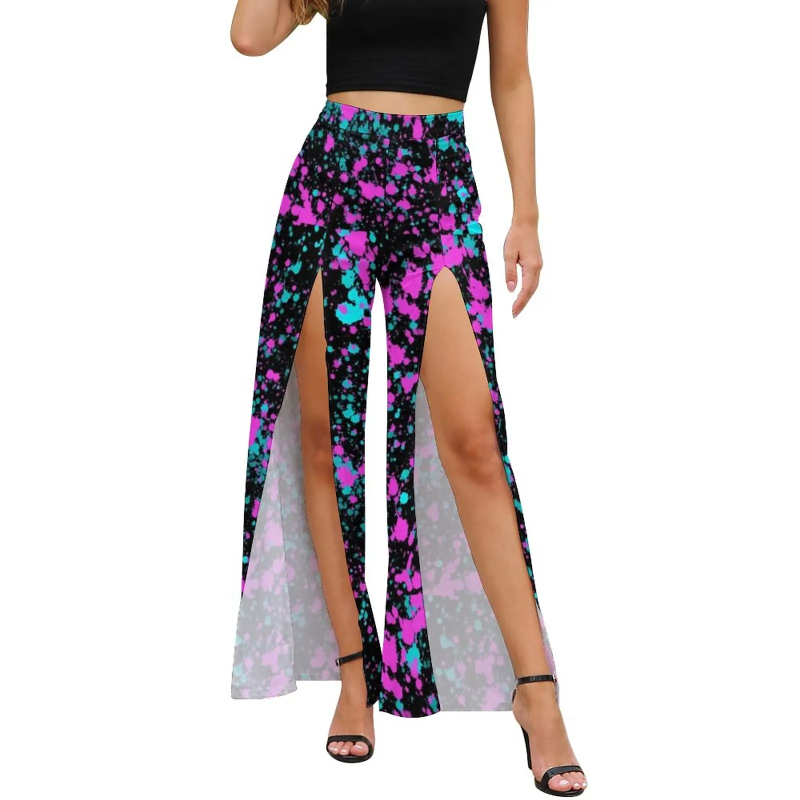 

Neon Paint Splatter Pants Women Pink And Blue Elegant Printed Wide Leg Pants Summer Slit Streetwear Trousers
