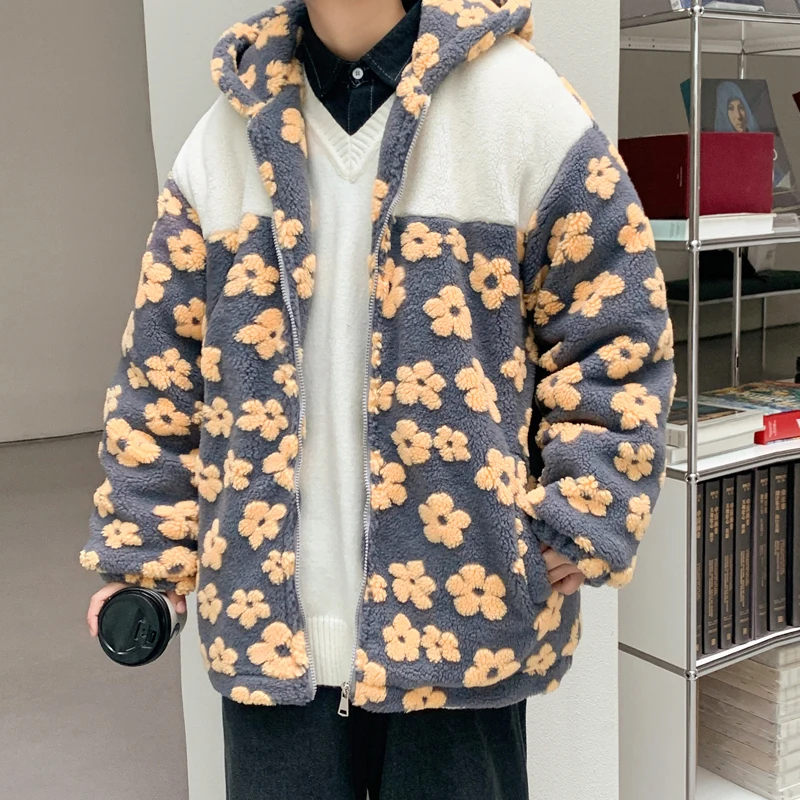 Winter Jacket Men Warm Fashion Casual Thickened Lamb Wool Jacket Men Streetwear Loose Short Coat Mens Thick Flowers Jackets Coat