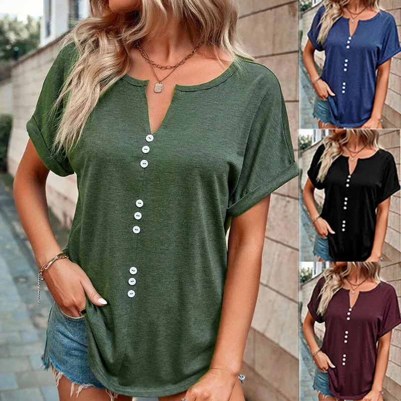

Women's Summer New Casual T-Shirt 2023 Fashion Solid Color Loose Pullover Sexy V-Neck Button Plus Size Short Sleeve Top S-5XL