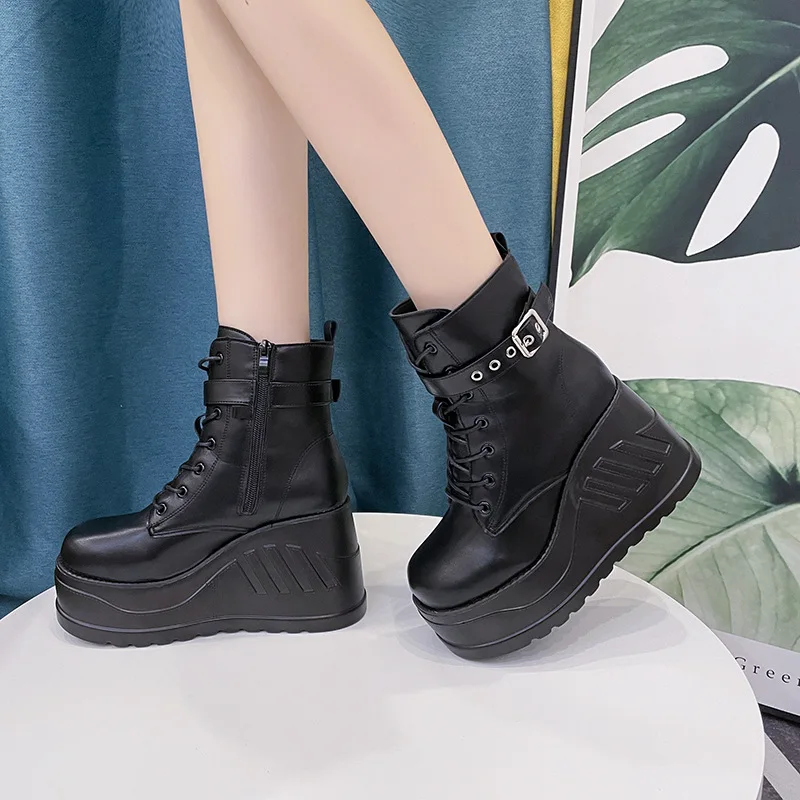 Brand Design Fashion INS Hot Sale Gothic Cosplay Black Chunky Platform Pumps High Heels Wedges Long Boots Women Mary Janes Shoes