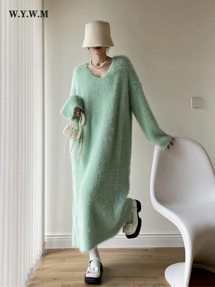 

WYWM Thicken Cashmere Sweater Dress Women Autumn Long V-neck Long Sleeve Dresses Female Casual Loose High Street Straight Dress