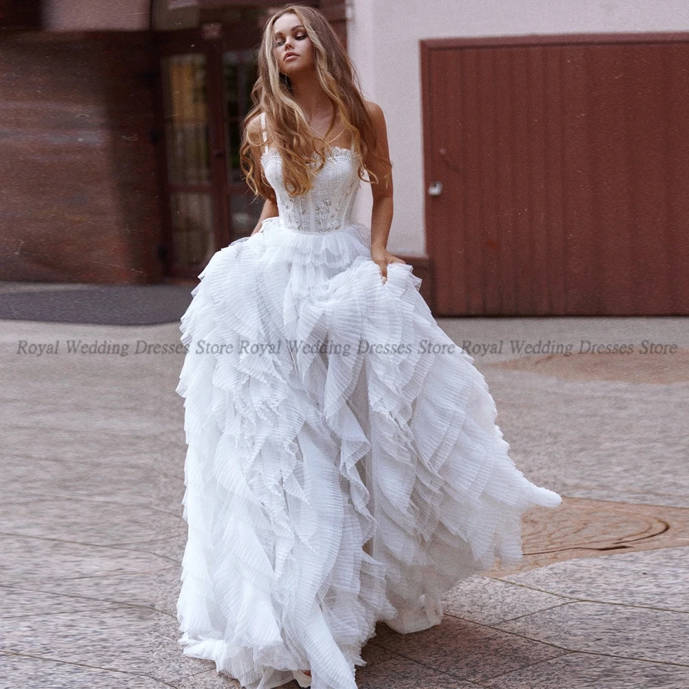 

High Quality A Line Wedding Dresses Boat Neck Draped Layered Handmade Flower Open Back 2022 Summer Floor Length Gowns Robe De Ma