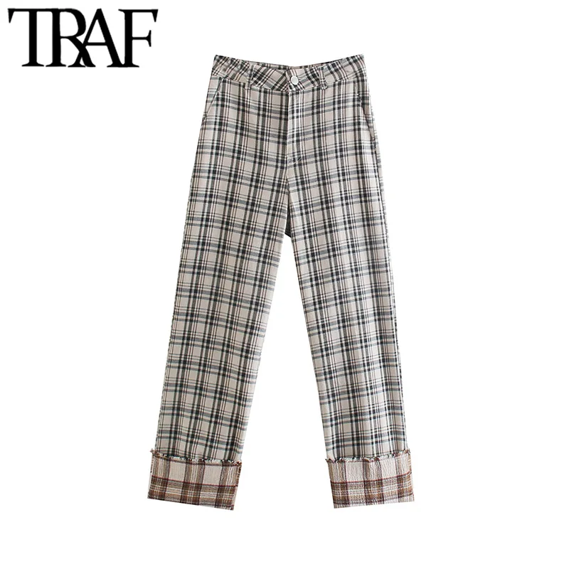 

TRAF Women Chic Fashion Side Pockets Straight Checked Pants Vintage High Waist Zipper Fly Female Ankle Trousers Mujer