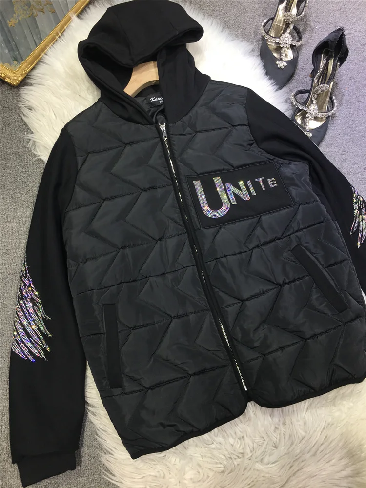 Trendy Hot Drilling Women Cotton-padded Coat Luxury Back Bing Wings Zip Hooded Wadded Jacket Colorblock Autumn Winter Parkas