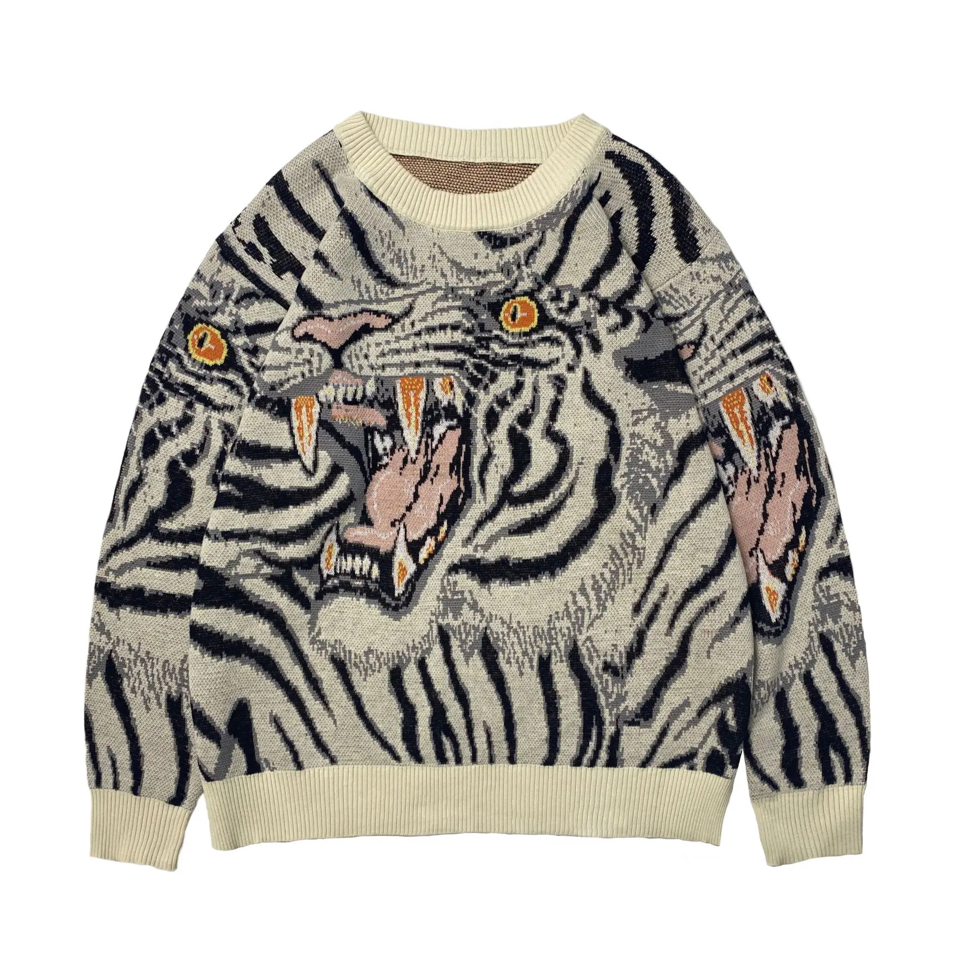 Men's Original Street Personality Jacquard Tiger Totem Round Neck Japanese Vintage Knitting Long-Sleeved Pullover Sweater