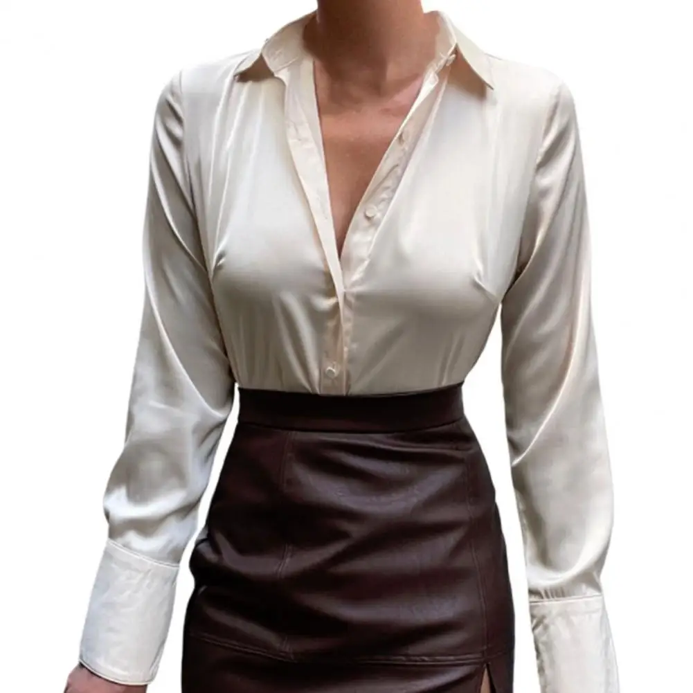 

Модная женская рубашка, блузки с отложным воротником и длинным рукавом, свободная гладкая атласная однотонная офисная рубашка, женская оде...