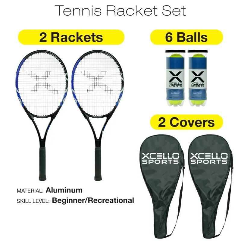 

High Quality Aluminum Tennis Racket Set - Includes Two Sturdy Rackets, Six Durable All Court Balls, and Two Attractive Carry Cas