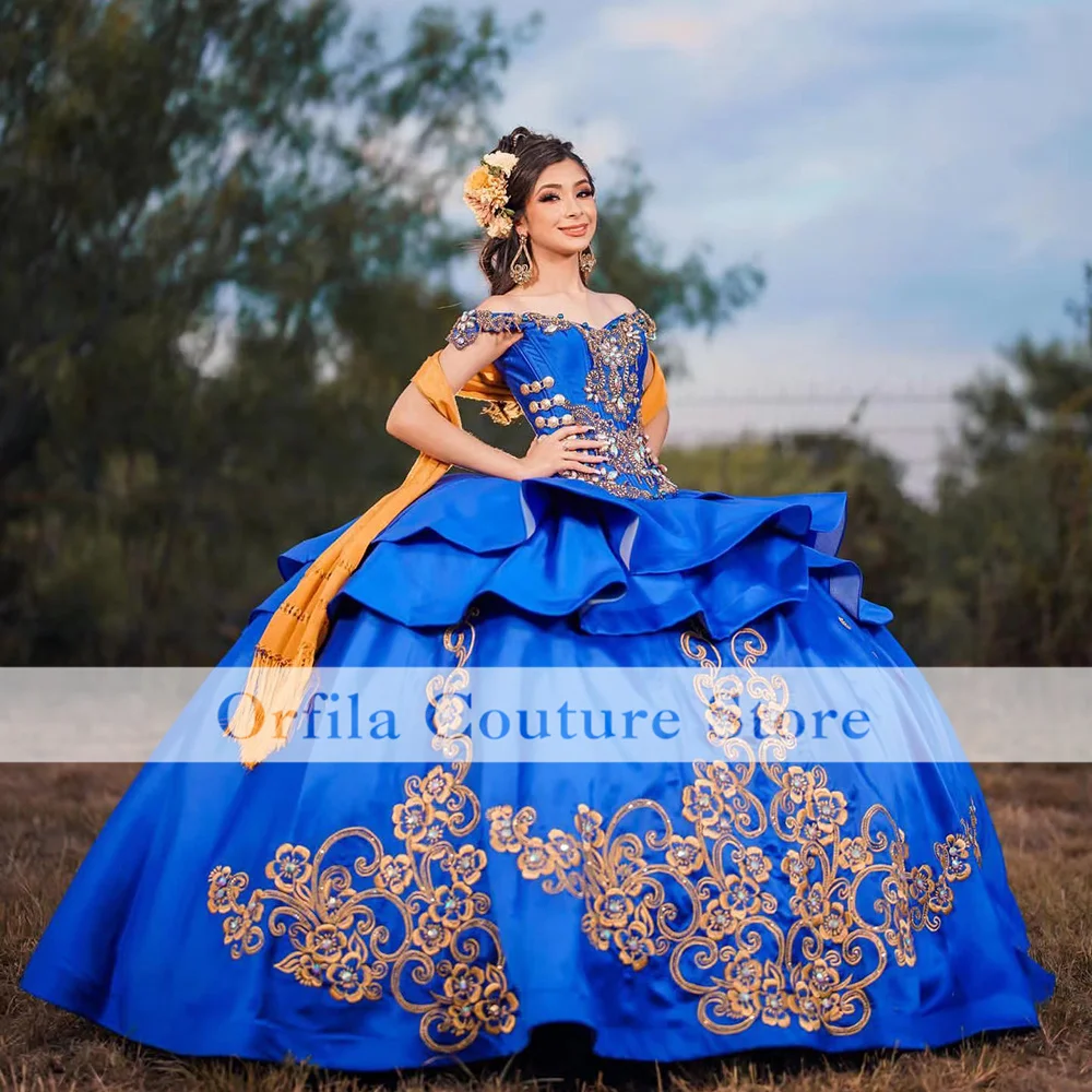 

Charro Quinceanera Dress Ball Gowns Gold Appliqued Off Shoulder Princess Party Sweet 16 Ball Gown Vestidos De 15 Años Corset