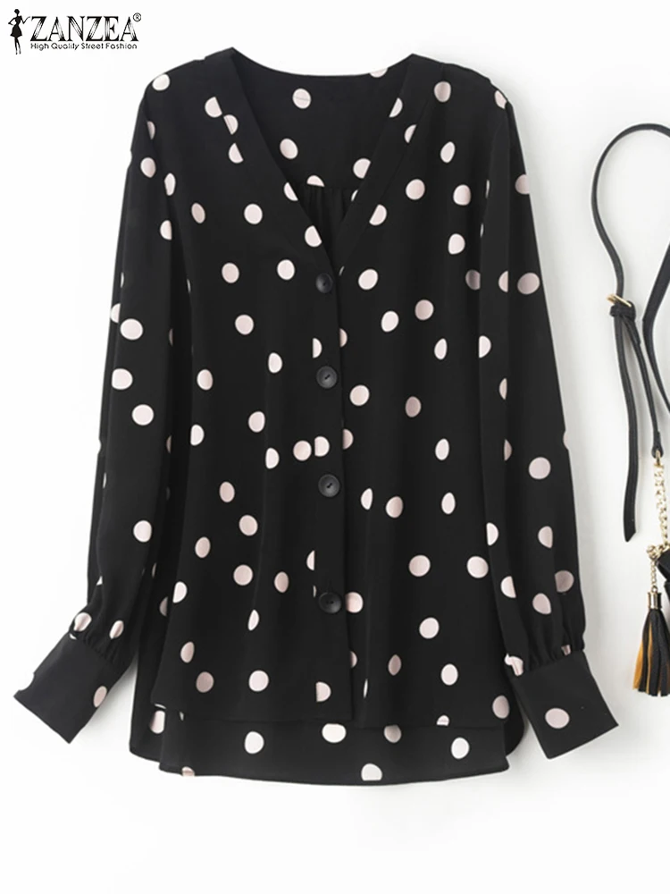 

Женская блузка с принтом в горошек, ZANZEA, Весенняя элегантная Офисная Рабочая Рубашка с длинными рукавами, повседневные блузы на пуговицах, в...