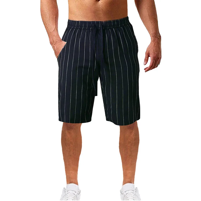

Men Drawstring Striped Shorts Cotton Linen Casual Mid Elastic Waist Running Beach Calf Shorts Summer Swimwear Swim Trunks