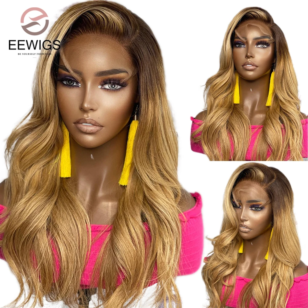 Body Wave Synthetic Brown Ombre Color 30 Inch 13×4 Transparent Lace Front Wig For Women Prepluck With Baby Hair Drag Queen Daily