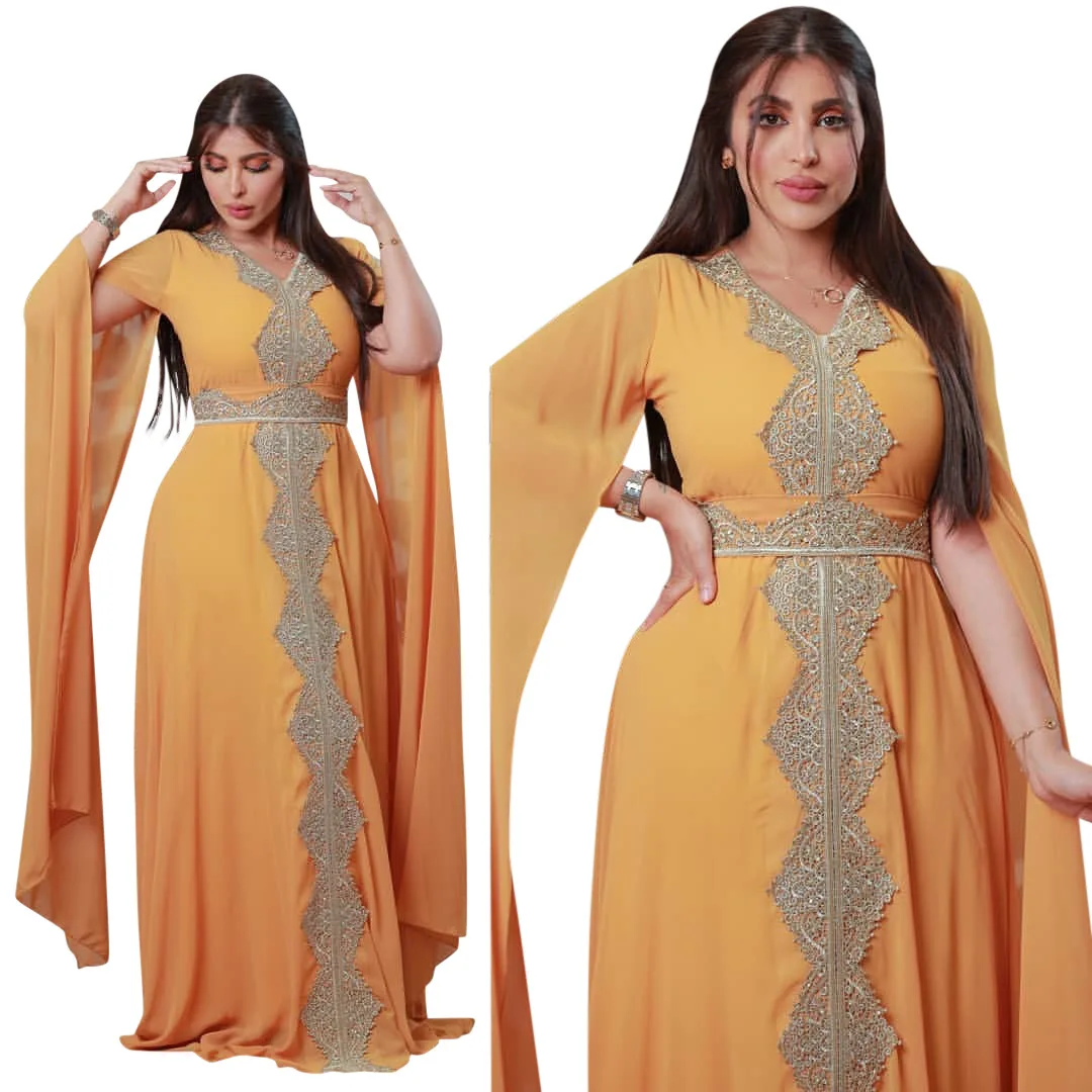 Summer 2023 Women's Clothing New Muslim Gown Embroidered Chiffon Dubai Abaya Arab Islamic Women with Belt Evening Dress Ramadan