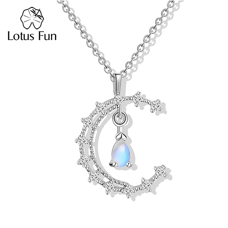 

Женская цепочка с подвеской Lotus Fun, ожерелье из серебра 925 пробы с натуральным синим лунным камнем в форме капли воды и Луны, Ювелирное Украшение