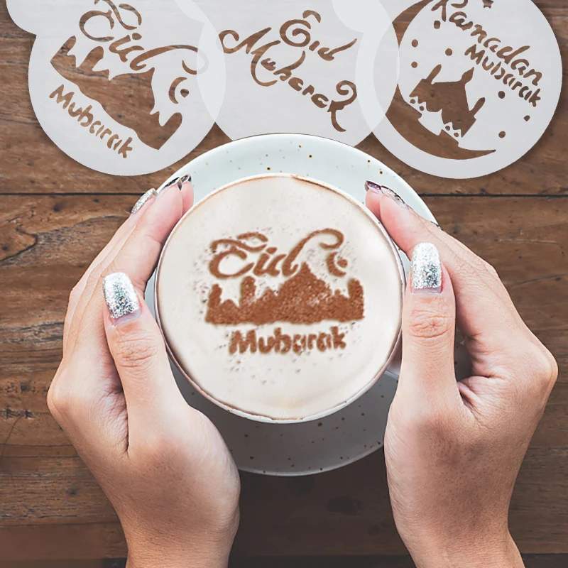 3pcs Eid Ramadan Coffee Drawing Spray Stencils Mold Home Kitchen Cake Decorating Tools Mubarak Festival Party Supplies