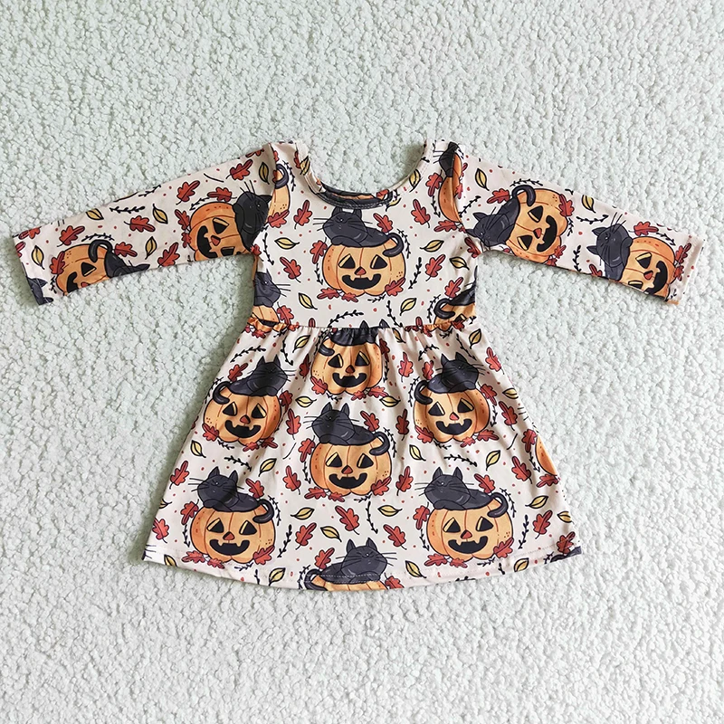 

Baby Girl Halloween Fall Pumpkin Cat Twirl Dress Long Sleeves Children Leaves Clothes Wholesale Infant Boutique Horror Clothing