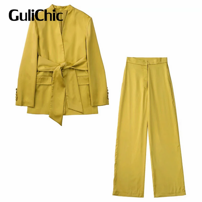 

5.17 GuliChic Fashion Temperament Collect Waist Bandage Long Sleeve Blazer Or High Waist Straight Pants Satin Set Women