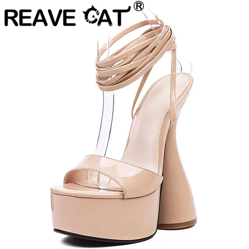 

REAVE CAT Fashion Patent Leather Women Sandals Peep Toe Strange Heels Crossover Strap Lace-up Big Size 34-43 Solid Party S3933