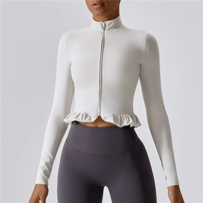 

Женские рубашки на молнии, спортивное пальто для йоги, уличные упражнения с оборками, Топ с длинным рукавом для пилатеса, бега, фитнеса