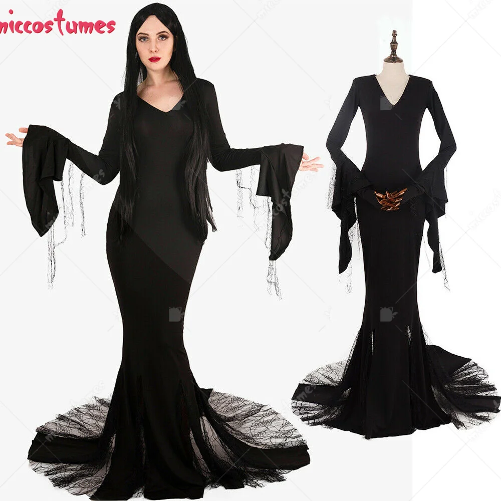 Women's Gothic Ghost Vampire Dress Morticia Addams Cosplay Costume for Women Halloween Cosplay Costume